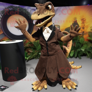 Brown Deinonychus mascot costume character dressed with a Circle Skirt and Cufflinks