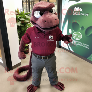 Maroon Titanoboa mascot costume character dressed with a Polo Shirt and Hair clips