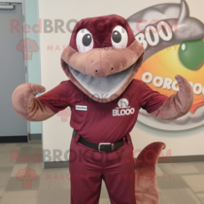 Maroon Titanoboa mascot costume character dressed with a Polo Shirt and Hair clips