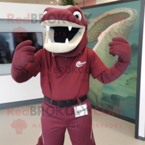 Maroon Titanoboa mascot costume character dressed with a Polo Shirt and Hair clips