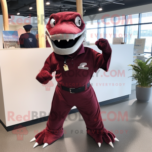 Maroon Titanoboa mascot costume character dressed with a Polo Shirt and Hair clips