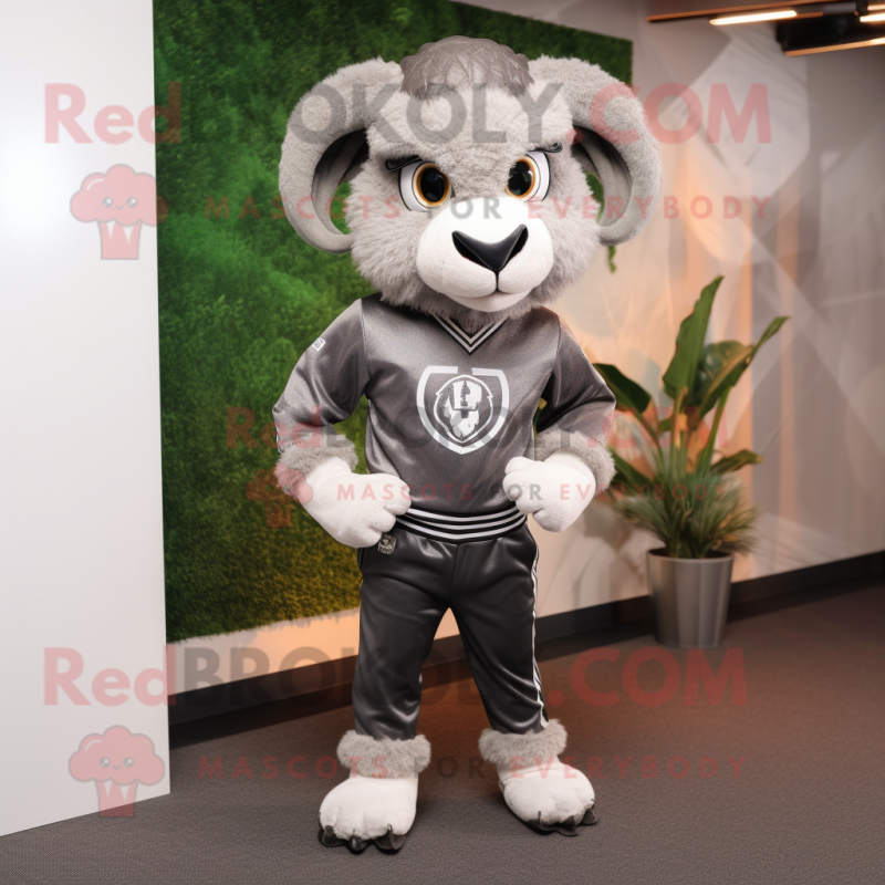 Gray Ram mascot costume character dressed with a Suit Jacket and Headbands