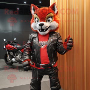 Red Lynx mascot costume character dressed with a Biker Jacket and Wallets