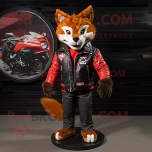 Red Lynx mascot costume character dressed with a Biker Jacket and Wallets