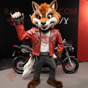 Red Lynx mascot costume character dressed with a Biker Jacket and Wallets