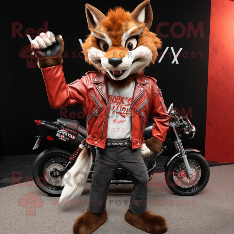 Red Lynx mascot costume character dressed with a Biker Jacket and Wallets Red Lynx mascot costume character dressed with a Biker Jacket and Wallets