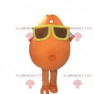 Snowman mascot with glasses. Orange potato costume -