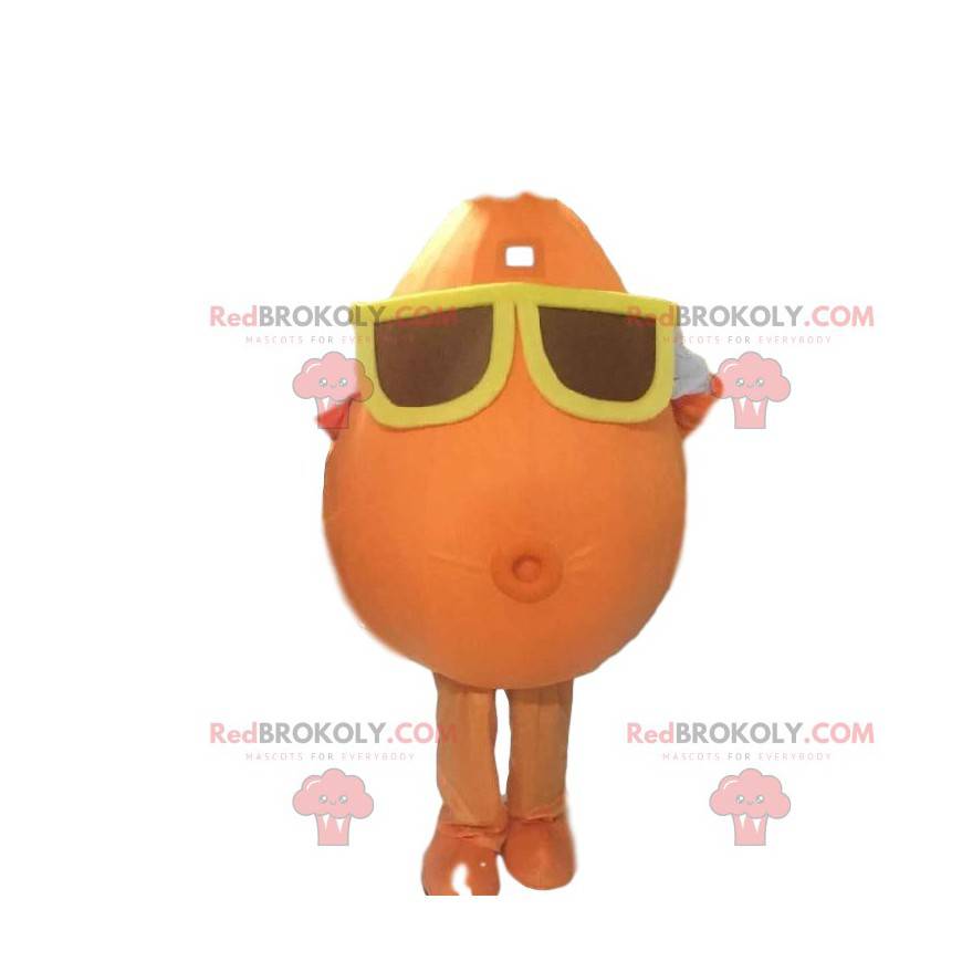 Mascotte de bonhomme avec des lunettes. Costume patate orange -