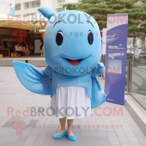 Sky Blue Humpback Whale mascot costume character dressed with a Pencil Skirt and Hair clips