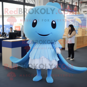 Sky Blue Humpback Whale mascot costume character dressed with a Pencil Skirt and Hair clips