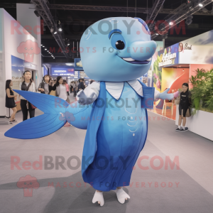 Sky Blue Humpback Whale mascot costume character dressed with a Pencil Skirt and Hair clips