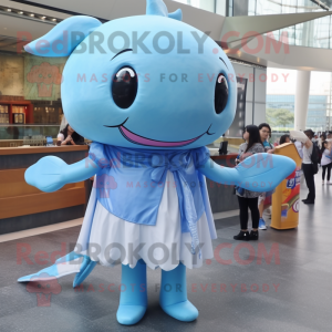 Sky Blue Humpback Whale mascot costume character dressed with a Pencil Skirt and Hair clips