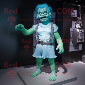 Cyan Frankenstein'S Monster mascot costume character dressed with a Mini Skirt and Suspenders