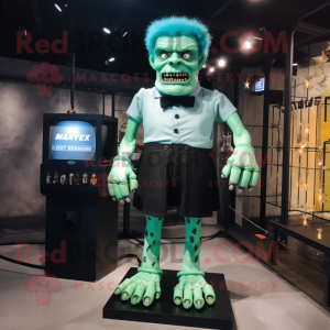 Cyan Frankenstein'S Monster mascot costume character dressed with a Mini Skirt and Suspenders