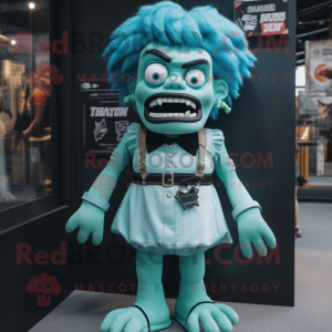 Cyan Frankenstein'S Monster mascot costume character dressed with a Mini Skirt and Suspenders