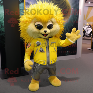 Lemon Yellow Porcupine mascot costume character dressed with a Moto Jacket and Hair clips