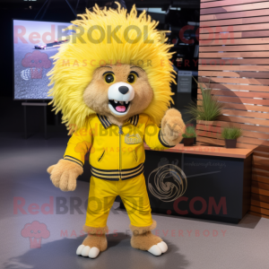 Lemon Yellow Porcupine mascot costume character dressed with a Moto Jacket and Hair clips