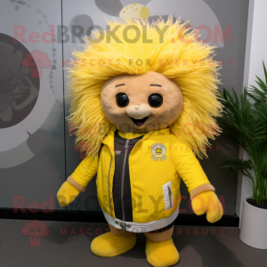 Lemon Yellow Porcupine mascot costume character dressed with a Moto Jacket and Hair clips