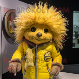 Lemon Yellow Porcupine mascot costume character dressed with a Moto Jacket and Hair clips