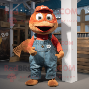 Rust Cod mascot costume character dressed with a Dungarees and Keychains