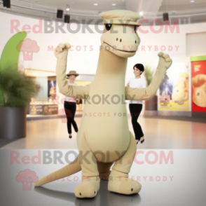 Beige Brachiosaurus mascot costume character dressed with a Jeggings and Berets