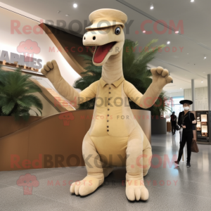 Beige Brachiosaurus mascot costume character dressed with a Jeggings and Berets