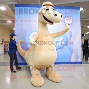 Beige Brachiosaurus mascot costume character dressed with a Jeggings and Berets