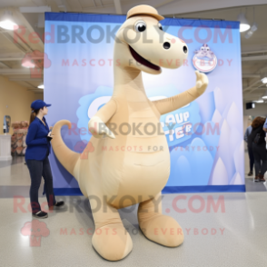 Beige Brachiosaurus mascot costume character dressed with a Jeggings and Berets