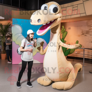 Beige Brachiosaurus mascot costume character dressed with a Jeggings and Berets