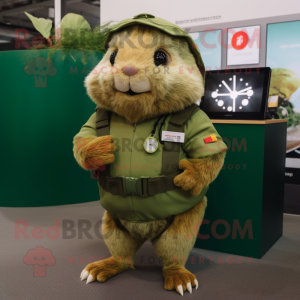 Olive Guinea Pig mascot costume character dressed with a Playsuit and Digital watches
