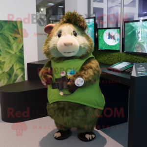 Olive Guinea Pig mascot costume character dressed with a Playsuit and Digital watches