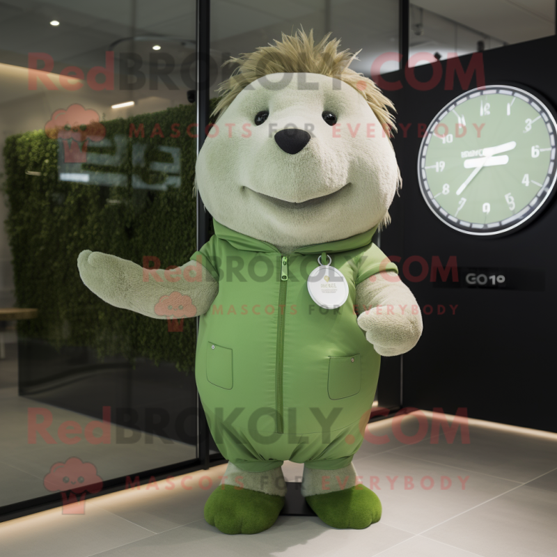 Olive Guinea Pig mascot costume character dressed with a Playsuit and Digital watches