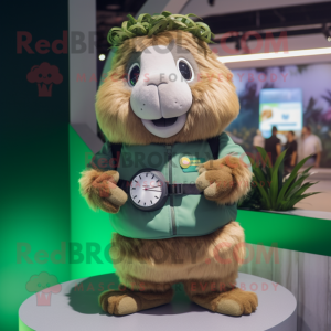 Olive Guinea Pig mascot costume character dressed with a Playsuit and Digital watches