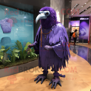 Purple Crow mascot costume character dressed with a Raincoat and Anklets