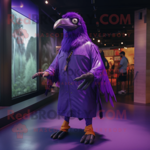 Purple Crow mascot costume character dressed with a Raincoat and Anklets