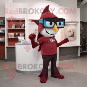 Maroon Swordfish mascot costume character dressed with a Capri Pants and Reading glasses