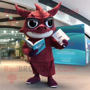 Maroon Swordfish mascot costume character dressed with a Capri Pants and Reading glasses