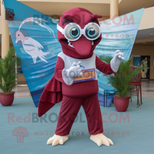 Maroon Swordfish mascot costume character dressed with a Capri Pants and Reading glasses
