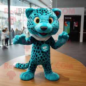 Teal Leopard mascot costume character dressed with a Mini Skirt and Shoe laces