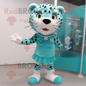 Teal Leopard mascot costume character dressed with a Mini Skirt and Shoe laces