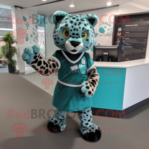Teal Leopard mascot costume character dressed with a Mini Skirt and Shoe laces