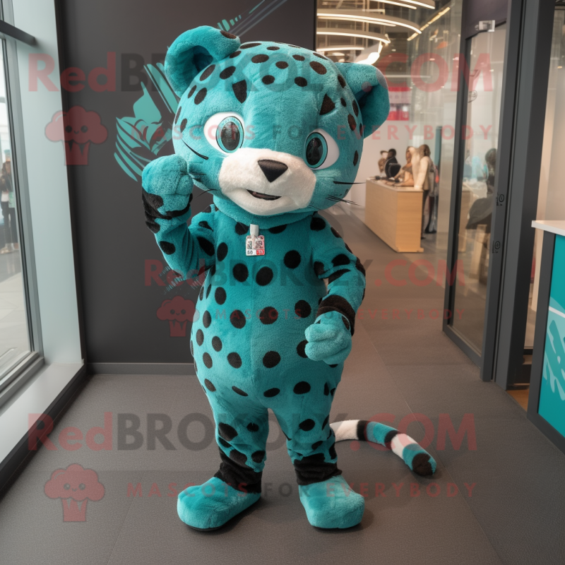 Teal Leopard mascot costume character dressed with a Mini Skirt and Shoe laces