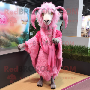 Pink Angora Goat mascot costume character dressed with a Mini Skirt and Shawl pins