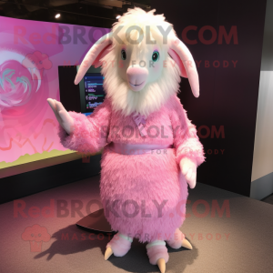 Pink Angora Goat mascot costume character dressed with a Mini Skirt and Shawl pins