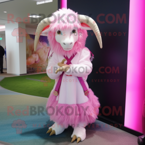 Pink Angora Goat mascot costume character dressed with a Mini Skirt and Shawl pins