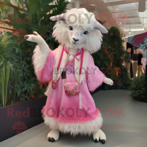 Pink Angora Goat mascot costume character dressed with a Mini Skirt and Shawl pins