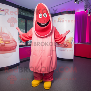 Pink Currywurst mascot costume character dressed with a Parka and Headbands
