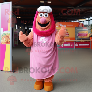 Pink Currywurst mascot costume character dressed with a Parka and Headbands