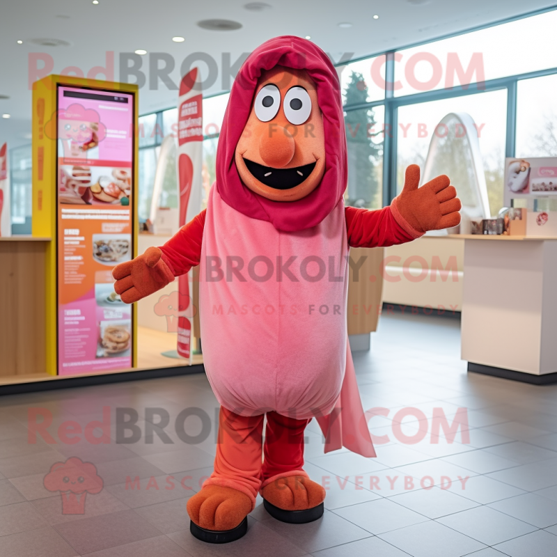 Pink Currywurst mascot costume character dressed with a Parka and Headbands Pink Currywurst mascot costume character dressed with a Parka and Headbands