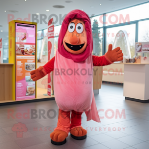 Pink Currywurst mascot costume character dressed with a Parka and Headbands